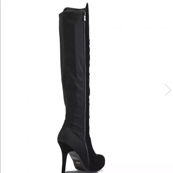 Black Faux Suede Knee High Heel Platform Boots 8 - Picture 2 of 3